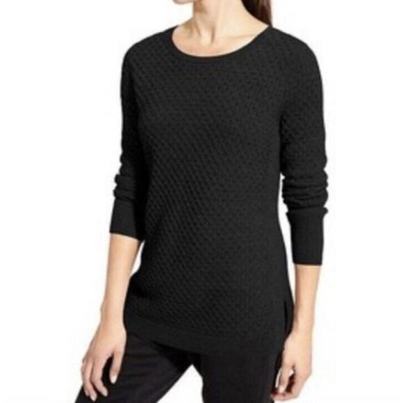 Athleta Black Waffle Knit Wool Crew Neck Long Sleeve Pullover Sweater Size XS - Picture 1 of 11